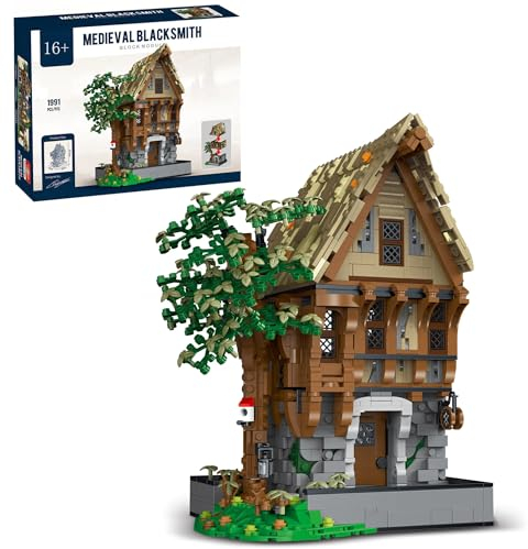 Mittelalterliche Schmiede Modellbausatz mit LED-Beleuchtung, 1991 Teile Klemmbausteine Mittelalter Haus Modular Building Set, Klemmbausteine Mittelalterliche Burg Bausatz