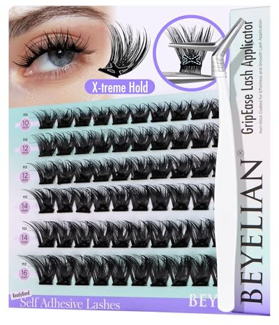 BEYELIAN Self Adhesive Eyelashes Cluster 60Pcs, D Curl 10-16mm Press On Lashes with Tweezer Kits, No Glue Needed Wispy Lash Clusters DIY Self Stick Eyelashes