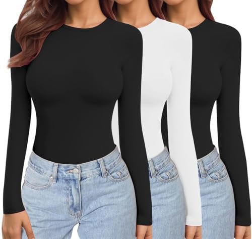 Ekouaer Womens 3 Pack Long Sleeve Tops Crew Neck Shirts Thermal Tops Set Stretch Fitted Underscrubs Layer Tee Black*2 + White XS