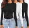 Ekouaer Womens 3 Pack Long Sleeve Tops Crew Neck Shirts Thermal Tops Set Stretch Fitted Underscrubs Layer Tee Black*2 + White XS