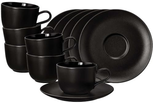Seltmann Weiden Liberty Velvet Black Kaffeetassen mit Untertassen 6er Set, 260 ml, Tassen-Untertassen-Set mit schwarzem Finish, Spülmaschinen- und Mikrowellenfest, Porzellan, Schwarz