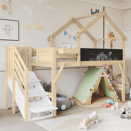 Kinderbett Etagenbett 90x200, Hochbett Hausbett mit Stauraumtreppen&Tafel&Dach, Einzelbett Holzbett Baumhaus Bett Jugendbett Spielbett mit Lattenrost&Rausfallschutz, Kiefer, Ohne Matratze, Weiß+Natur