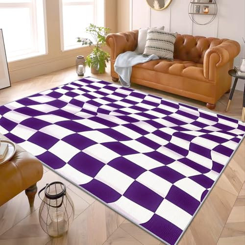 Schachbrett Teppich Lila - Teppich Wohnzimmer Schlafzimmer Karomuster, Kleiner Teppich Lila Weiß Kariert, Weich Kurzflor & Waschbar & rutschfest Fussmatte Innen, Kinderteppich 50x80 cm