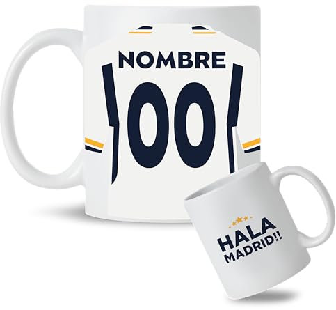 Taza Personalizada con nombre y dorsal de tu equipo preferido de Fútbol. Tazas de Desayuno personalizada. Regalo Original para Aficionados del Fútbol. Regalos Mundial. (Madrid)