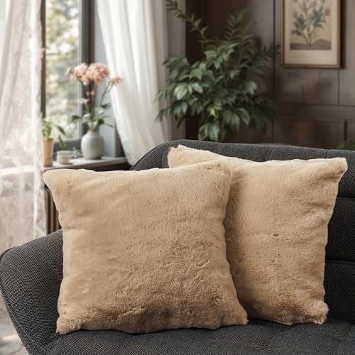 Paco Home 2er Set Kissenbezug Kunstfell Flauschig Deko Wohnzimmer Kissen Kissenhülle Schlafzimmer Soft Boho Waschbar, Farbe:Beige, Sets:2pcs-Set