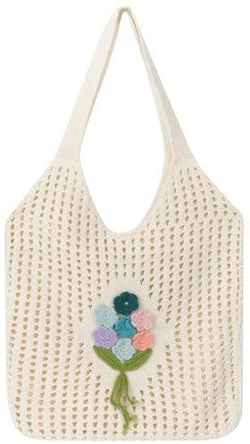 Ausing Gehäkelte Tragetasche Strandtasche Umhängetasche Damen Hohles Design Leicht Reisen Weiß