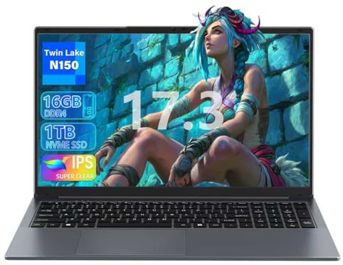 Nmybwo 【Office 2024 / Win11 Pro】 17.3-inch Laptop, in tel N150 CPU(Up to 3.6GHz) 16GB RAM 1TB NVMe SSD,FHD IPS Display, Backlit Keyboard, 6000mAh Battery, HDMI, USB 3.0, Type-C, Wi-Fi (16G+1TB)
