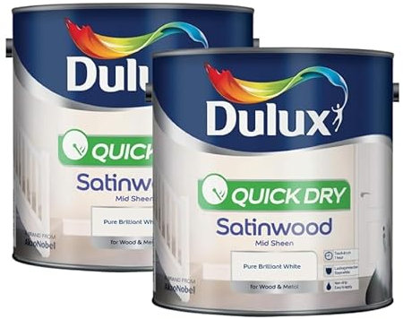 Satinwood Paint For Wood And Metal | Dulux Quick Dry Satinwood | Pure Brilliant White 5L | Suitable for a wide variety of Surfaces | 2 x 5L tins