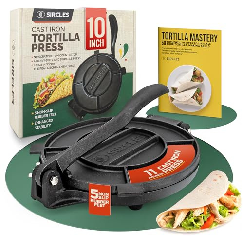 SIRCLES Tortilla Press 10 Inch Cast Iron - Extra Large, Heavy Duty 10 Inch Tortilla Press - Ebook 50 recipes - 5 Non-Slip Rubber Feet - Pre-Seasoned - Prensa Para Tortillas