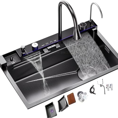 Fregadero De Cascada Multifuncional Fregadero De Cocina De Acero Inoxidable Negro 68/75/80/85/90 Cm, Grifo Integrado Multifuncional Accesorios Completos(90x50x22cm)