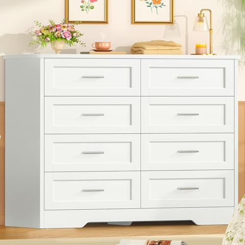 TEENFON Kommode mit 8 Schubladen, Weißer Komodenschrank für Schlafzimmer - Multifunktionales Sideboard für Wohnzimmer, Esszimmer, Flur, 107 x 35 x 96.5 cm