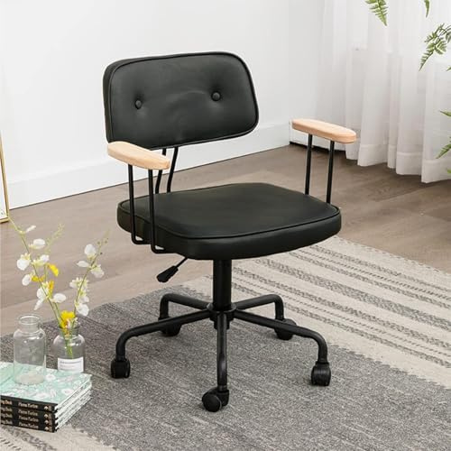 VITIWEDTY Ergonomischer, Bequemer Bürostuhl Mit Armlehnen Aus PU-Leder Und Holz, Drehbarer Schreibtischstuhl Mit Mittlerer Rückenlehne Für Das Homeoffice (Black)