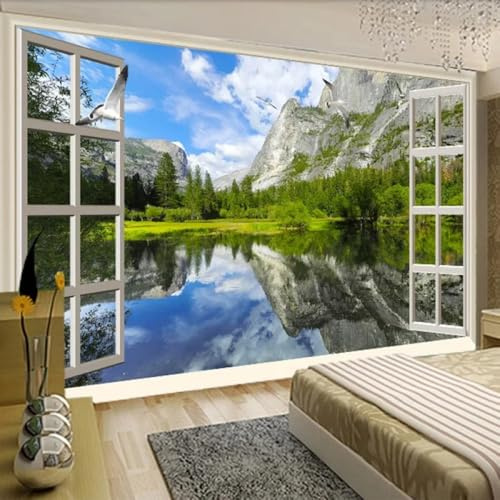 Fototapete Schlafzimmer 3D Die Landschaft Mit Bergen,Flüssen Und Seen Vor Dem Fenster 3D-Tapete，Selbstklebend，Wandbild，Deckendekoration，Aufkleber，Wandkunst 200x140cm