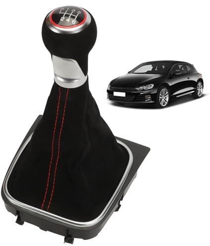 LDLRevX Schaltknauf Für VW Golf 5 6 V VI EOS Scirocco 3, Schaltsack Schaltmanschette Rahmen Schalthebel Schaltknopf 6 Gang Alcantara Leder Rote Naht Ring
