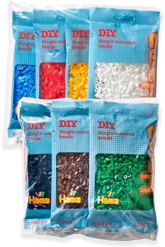 Hama Cuentas para planchar | 7 bolsas de 1000 cuentas: colores n.º 207-01, 03, 05, 09, 10, 12, 18 | Mosaik-Deko Art & Manualidades para niños creativos a partir de 5 años