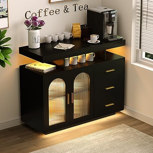 FREDEES Küchenschrank mit RGB-Licht & Ladefunktion, Schwarz | 3 Schubladen, Bewegungssensor LED-Beleuchtung, Viel Stauraum, Küche & Esszimmer