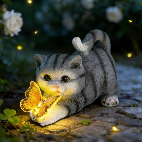 SGZIOO Gartendeko Katze, Solar Katzenfigur Garten Deko, Lustige Katzenfiguren Deko mit Schmetterlinge LED Solarlampen, Resin Katzenstatue für Terrasse Balkon Veranda Rasen und Hof(Grau)