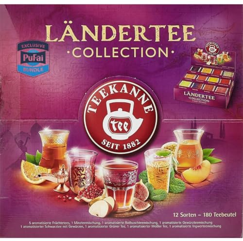 PUFAI BUNDLE –Teekanne Ländertee-Collection Teebox – 12 Sorten Kräuter- & Früchtetee | 180 Teebeutel, 383 g