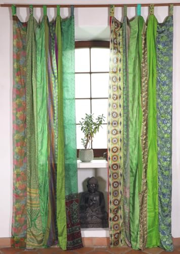 Vorhang 2 Stück seidige upcycling Gardine aus Patchwork, lemongrün | Lichtdurchlässige Vorhänge aus 100% Polyester, ideal für gemütliche Boho-Atmosphäre, Unikat-Design, kunstvoll verarbeitet