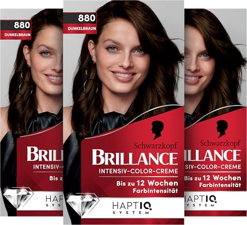 Schwarzkopf Brillance Intensiv-Color-Creme 880 Dunkelbraun (170 ml) | Permanente Haarfarbe mit 100 % Grauabdeckung, Coloration mit pflegendem Biotin-Komplex für bis zu 12 Wochen Farbintensität