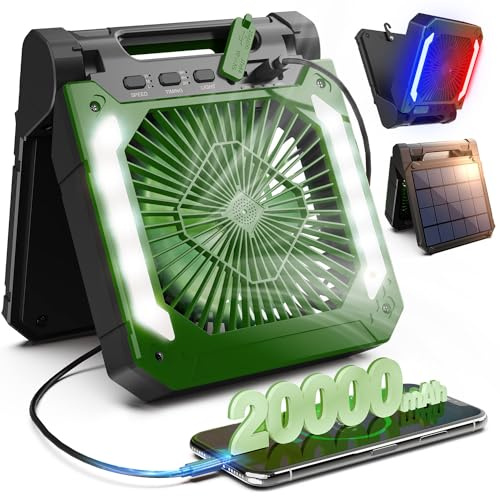 Lmozim Ventilatore da campeggio USB e ricarica solare, ventilatore a batteria da 20000 mAh, 5 pale, silenzioso, con luce SOS e pannello solare, ventilatore leggero a batteria con gancio per tenda da