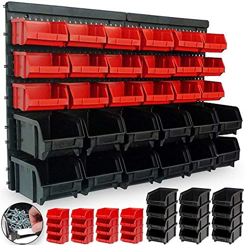 BAKAJI Pannello Da Parete Con 32 Box Portautensili Contenitori Attrezzi Officina Porta Utensili Minuteria Da Garage 65x38cm Montaggio a Muro