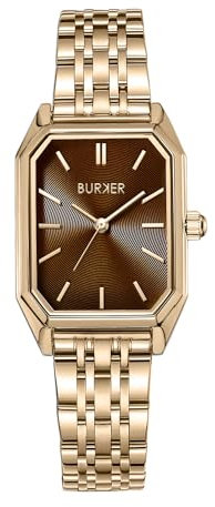 BURKER Damenuhr Isabell, Rechteckiger Damen Armbanduhr Gliederarmband Edelstahl Analog Quarz 3-ATM Wasserdicht - 28 mm - Gold Braun