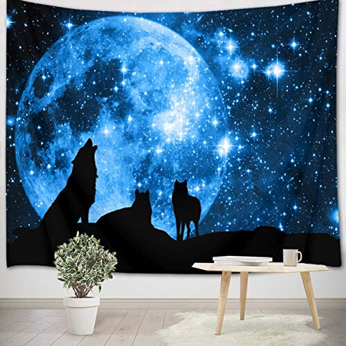 LB Schwarzer Wolf Tapisserie Blauer Sternenhimmel Wandbehang Tapisserie Vollmond,Stern,Universum Wandteppich für Wohnzimmer Schlafzimmer Wohnheim Wand Dekor,150cm Breite x 100cm Höhe