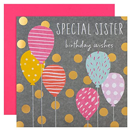 Hallmark Geburtstagskarte für Schwester – Modernes gemustertes Luftballons-Design, Beige | Gold | Blau | Schwarz | Rosa