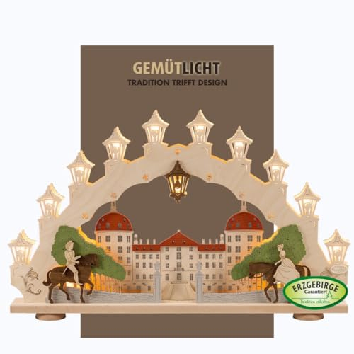 weigla - Schwibbogen original Erzgebirge I Motiv Moritzburg I LED Lichterbogen Weihnachten I 15 Lampenkerzen + 1 Ersatzlampe I 15 x 16 V, 0,2 W, E10 I beleuchtete Weihnachtsdeko innen I aus Holz