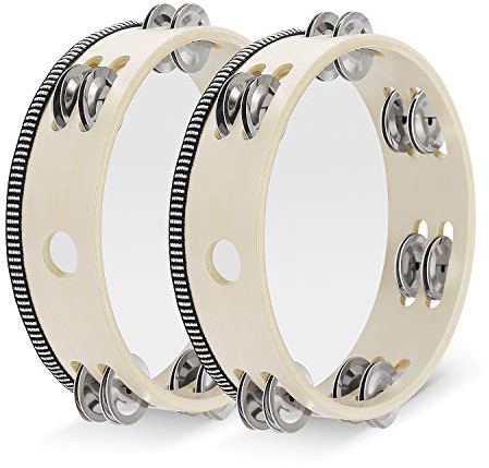 Flexzion Tamburin, Handtrommel mit Handgriff - 2er-Pack, 20cm Schellenkranz in Mond-Form aus Holz, Musik Schlaginstrument, zweireihige Schellenring mit 12 Paar Metall Schellen, Beige