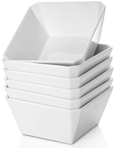 Samsle Porcelain Cereal Bowls, 16 oz Square Serving Bowls Set, 5 Inch White Ceramic Bowls for Salad, Soup, Snack, Dessert and Marmalade, Dishwasher & Microwave Safe, Set of 6