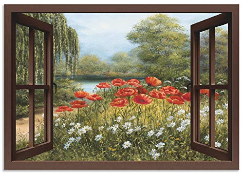 ARTland Wanddeko Wandbild Alu Verbundplatte für Innen & Outdoor Bild 100x70 cm Fensterblick Landschaft Blumen Mohnblumen See Blumenwiese Natur F7EO
