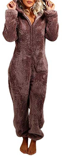 Geagodelia Pagliaccetto in Peluche da Donna Pigiama Intero Invernale Pile di Corallo Tuta a Maniche Lunghe Tutina Cerniera Felpe con Cappuccio in Peluche Indumenti da Notte (Caffe, L)