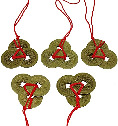 Miss-shop Monnaies Chinoises,Fortune Coins Chinoises 5 Styles Chines Feng Shui Pièces Anciennes I-Ching Porte-Bonheur Chinois avec Ficelle Rouge pour Richesse et Réussite Decoration,1 Pouce