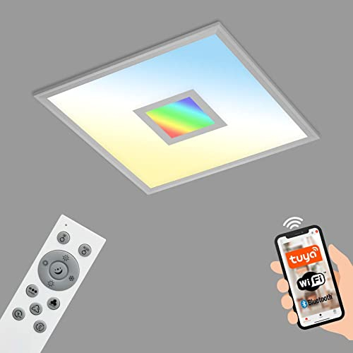 BRILONER - LED Deckenlampe flach Smart Home, funktioniert mit Alexa, buntes RGB+W Licht, Lampe, Deckenleuchte, Wohnzimmerlampe, LED Panel, Schlafzimmerlampe, 44,5x44,5x6 cm, Silberfarbig