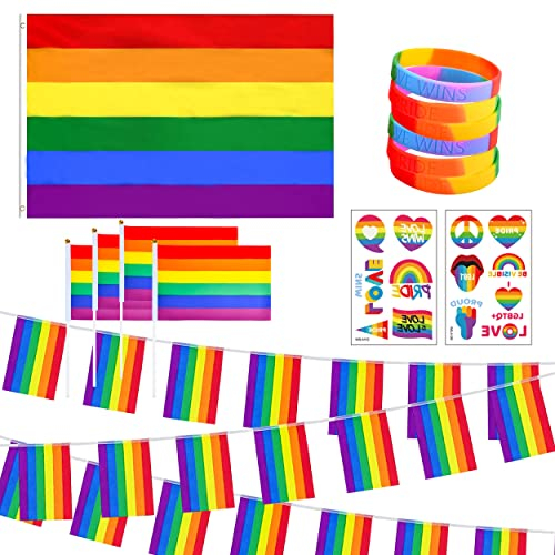 Abitoncc Pride Flag Bunting Pride Party Decorations Rainbow Gay Pride Flag 5ft x3 ft Gay Pride Bracelet Pride Tattoos LGBT Bunting Pride Bunting for NHS Outdoor Bar Street Parade Pride Decorations