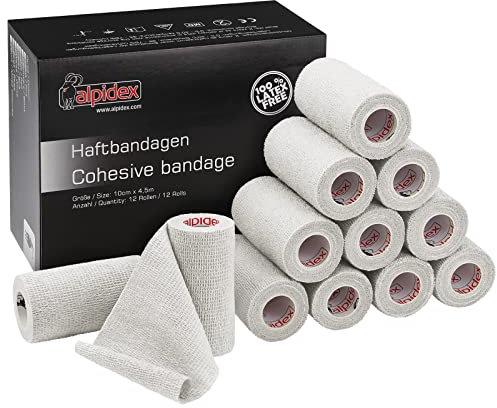 ALPIDEX 12 Rotoli Benda Adesiva 10 cm x 4,5 m Molti Colori Bendaggio Coesivo Fasciatura Personi Animali Garza Elastica Autoadesivo Cavalli Cani Umani, Colore:bianco