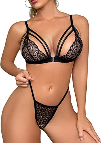 Niwicee Ensemble Sexy Lingerie Feminin Soutiens-Gorge Dentelle Sexy G-String Brassière Nuit Nuisette 2 Pièces Ouverture Frontale Ajustable Bra Push Up sous-vêtements Culotte Ensemble-A-Noir-S