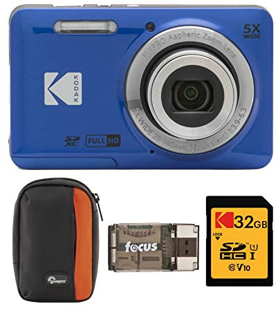 Kodak PIXPRO Friendly Zoom FZ55 Digital Camera (Blue) Bundle with Camera Case, 32GB Class 10 UHS-I U1 SDHC Memory Card and USB 2.0 Card Reader (4 Items)