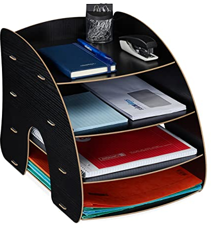 Relaxdays Dokumentenablage, 4 Fächer, Briefablage, Büro Organizer für A4 Papier, HxBxT: 27 x 25,5 x 34,5 cm, schwarz