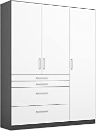 Rauch Möbel Harburg Armoire à Portes battantes Blanc/Gris métallisé, Noir, 3 Portes avec 4 tiroirs, avec Paquet d'accessoires Basique, 3 étagères, 1 Tringle à vêtements l x H x P : 136 x 197 x 54 cm