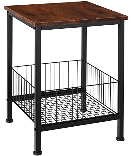 TecTake - Mesa Auxiliar Grimsby 40x40x55,5cm, Estilo Industrial, mesilla de Sala de Estar, mobiliario de Dormitorio, Mesa con Cesta para salón (Madera Industrial Oscura)
