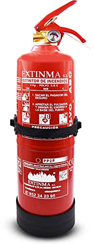 Extintor Polvo ABC 2kg con soporte, homologado CE y AENOR. Ideal para coche, casa, caravana, camper, autocaravana. Alta eficacia. Portátil, compacto. Fabricado en España. Seguridad total.