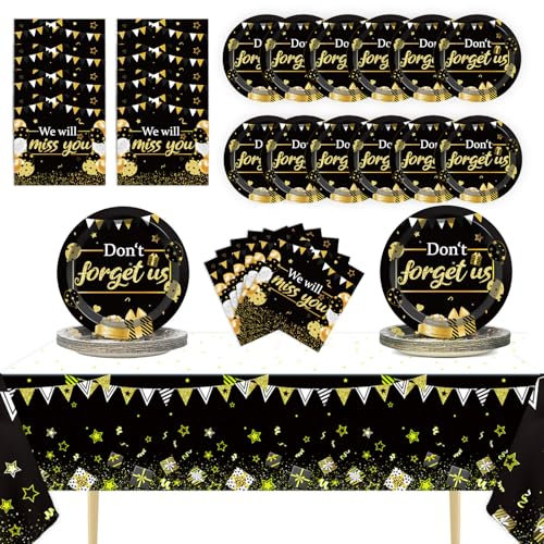 We Will Miss You Party Supplies Serve 24 Guests Farewell Party Disposable Paper Plates Napkins Tablecloth Going Away Dinner Tableware Black and Gold Goodbye Party Supplies for Leaving Retirement Party
