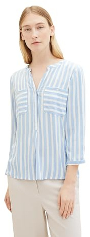 TOM TAILOR Damen Bluse mit Streifen & Brusttaschen, 35221 - Offwhite Blue Vertical Stripe, 46