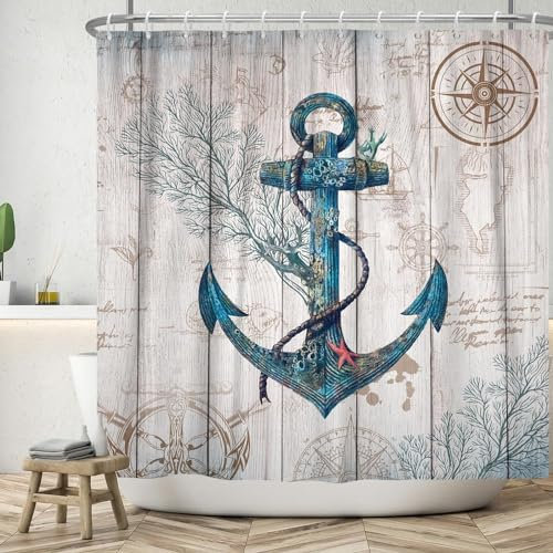 ASDCXZ Maritim Duschvorhang 120x200 cm, Vintage Holzmaserung Maritim Nautische Anker Kompass Bad Waschbar Duschvorhänge Polyester Textil Wasserdicht Badevorhang für Badewanne mit 8 Haken