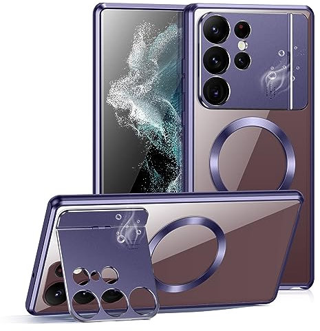 XMTON Coque pour Samsung Galaxy S22 Ultra Case pour MagSafe et Béquille, Protection d'appareil Photo, Aromathérapie, Cadre en métal résistant aux Chocs Slim Cover pour Samsung S22 Ultra, Violet