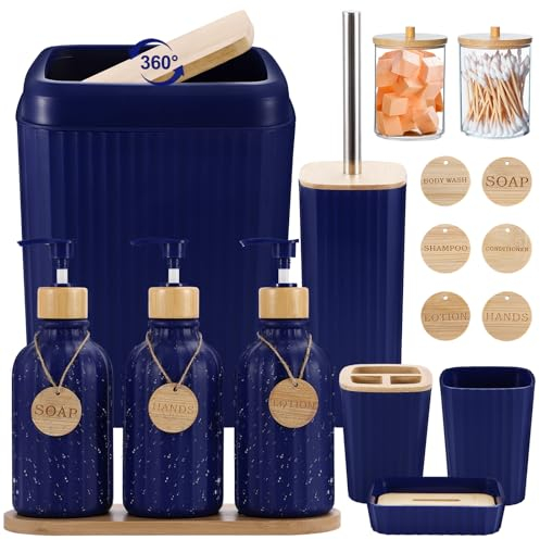 XLHOMO Navy Blue Bathroom Accessories Set 17PCS Bathroom Set with Trash Can 3PCS Lotion Soap Dispenser, Toothbrush Holder,6PCS Wood Tags Bath Accessories with Tray for Kitchen Bathroom