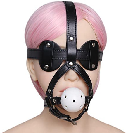 SUPKTHDY Sexy BDSM Augen-Maske mit weichem Silikon Gag Ball - blickdichtes Kopf Geschirr aus schwarzem Kunstleder - SM Sexspielzeug für Bondage Fetisch Sessions
